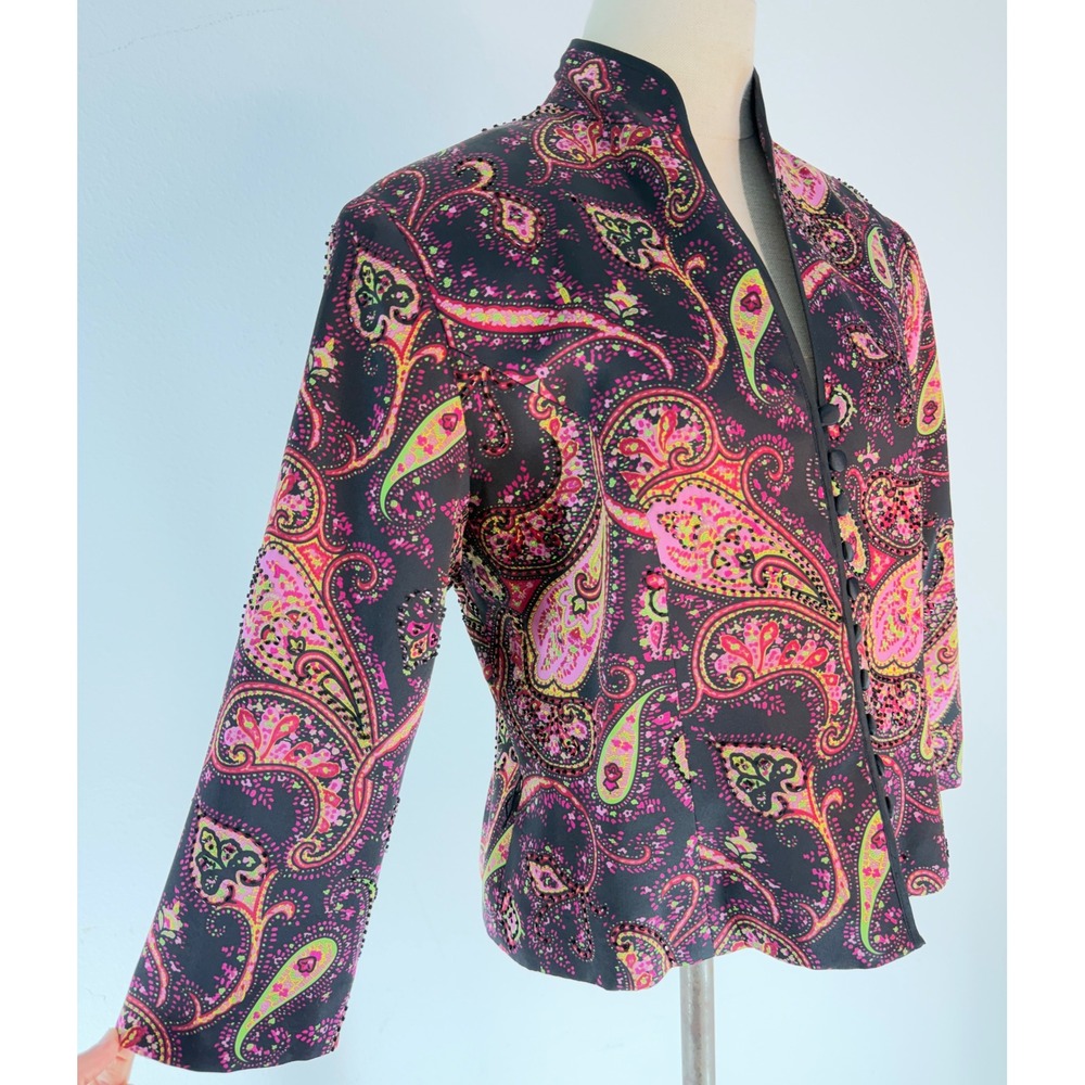 Vintage Y2K JS Collections Paisley Silk Beaded Blazer Pink Black Evening Party